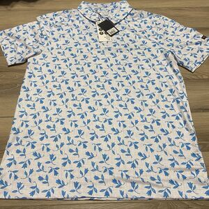 NWT Yatta Golf Polo Coastal Flower All Over Print White Blue Men's‎ Size Large